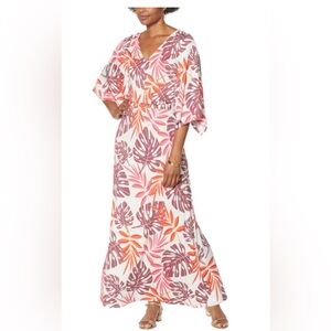 G by Giuliana Pink & Orange Stretchy Tropical Leaf Print Maxi Caftan Dress Large